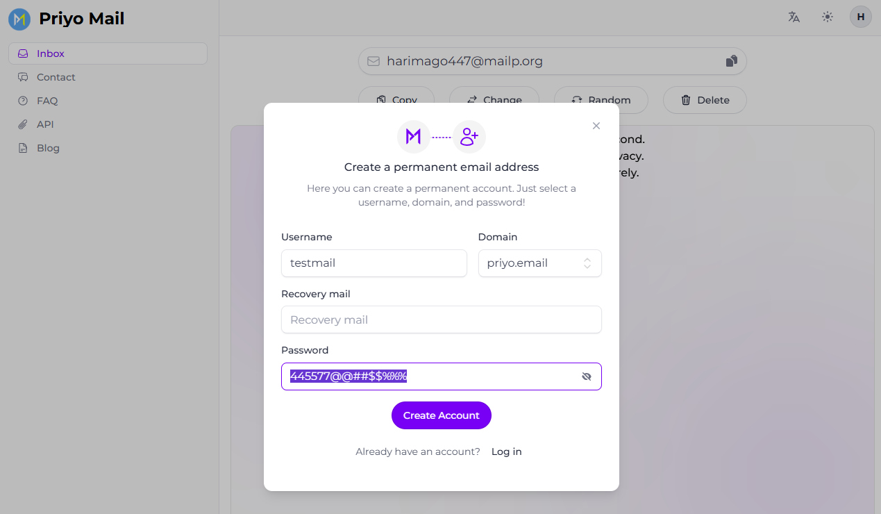 Temporary email and password